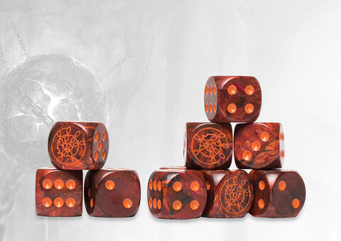 Conquest Dweghom Logo on Red Marbled Dice with Orange Pips - 24 per pack