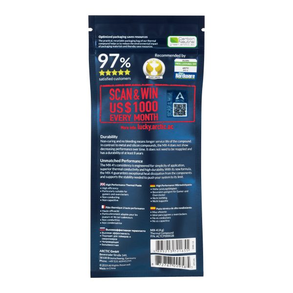 Zweites Bild vonArctic MX-4 (4 g) Edition 2019 – Hochleistungs-Wärmeleitpaste, Wärmeleitpaste, 8,5 W/m·K, 2,5 g/cm³, Karbon, 4 g, 1 Stück(e)