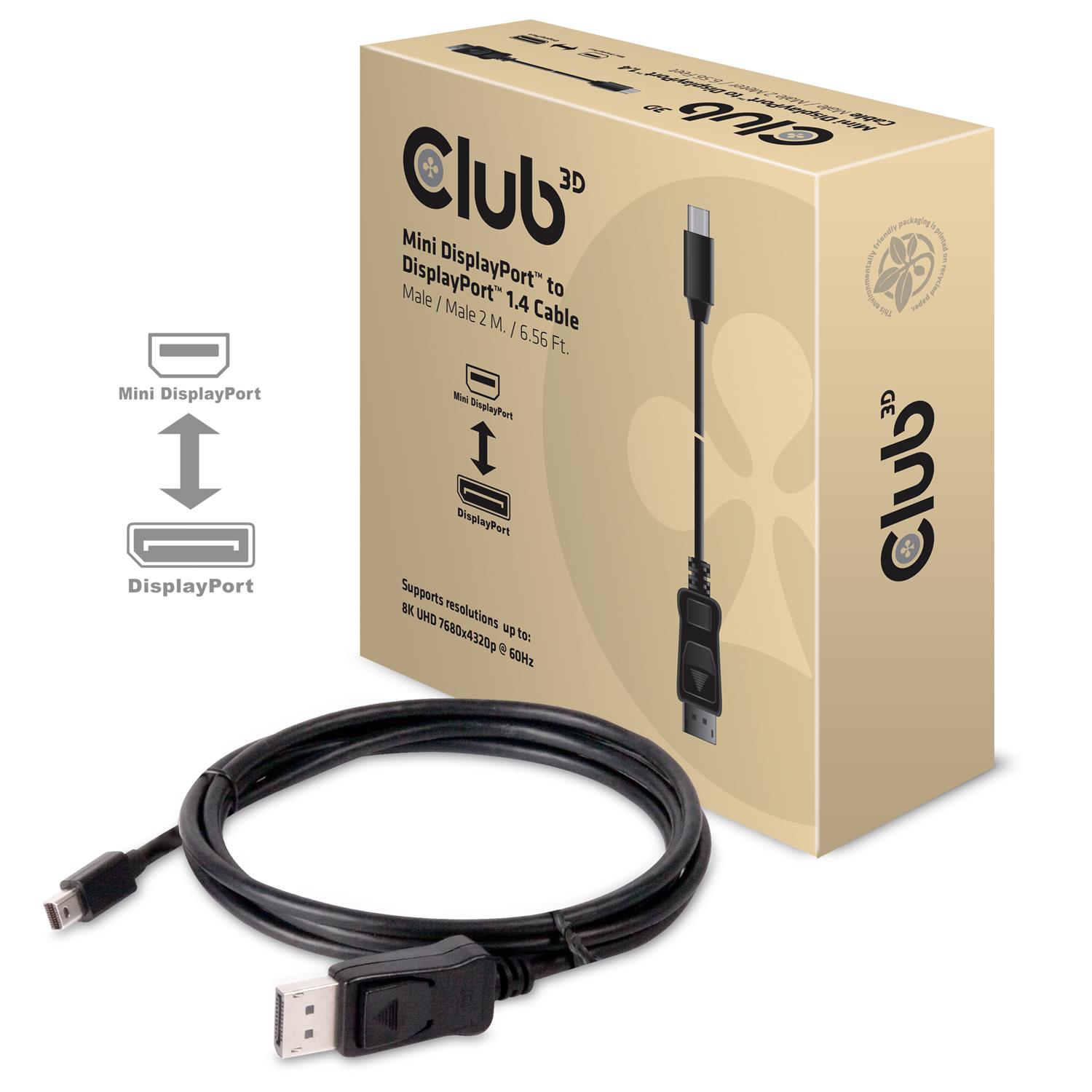 Zweites Bild vonClub 3D Mini DisplayPort auf DisplayPort 1.4 HBR3 8K60Hz Kabel, 2 Meter, 2 m, Mini Displayport, Displayport, Männlich, Männlich, 7680 x 4320 Pixel