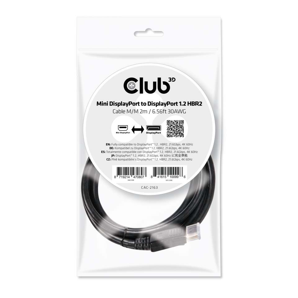 Zweites Bild vonClub 3D MiniDisplayPort auf DisplayPort 1.2 Kabel Stecker/Stecker 2 Meter 4K60Hz, 2 m, Mini DisplayPort, DisplayPort, Männlich, Männlich, 4096 x 2160 Pixel