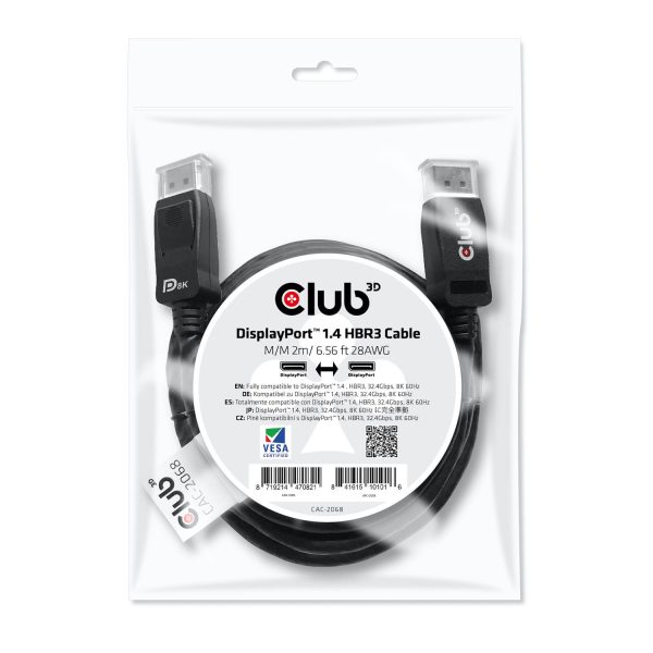 Zweites Bild vonClub 3D DisplayPort 1.4 HBR3 Kabel Stecker/Stecker 2 Meter 8K60Hz, 2 m, DisplayPort, DisplayPort, Männlich, Männlich, 7680 x 4320 Pixel