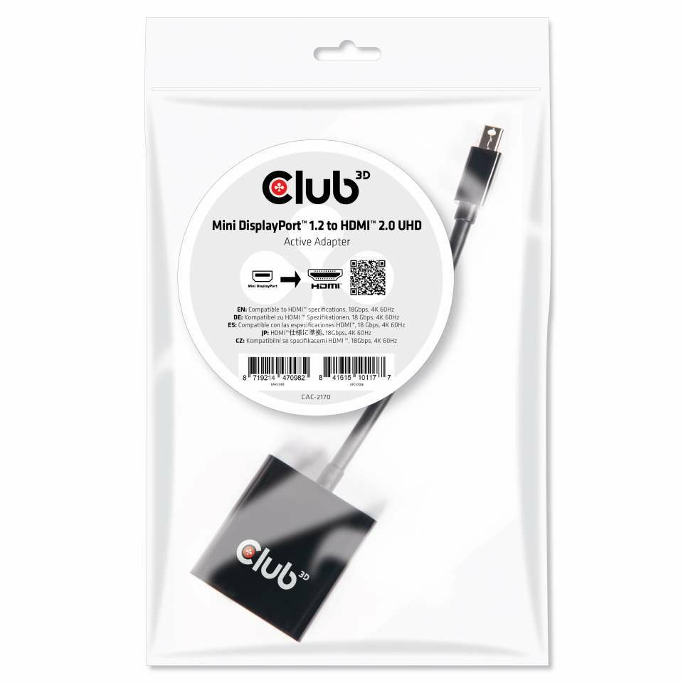 Zweites Bild vonClub 3D Mini DisplayPort 1.2 auf HDMI 2.0 UHD Aktiver Adapter, DisplayPort 1.2, HDMI 2.0, 0,15 m, Schwarz