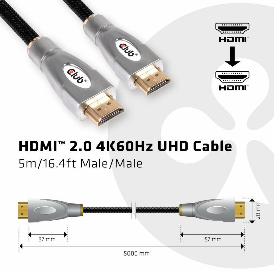 Zweites Bild vonClub 3D HDMI 2.0 4K60Hz UHD Kabel 5 meter, 5 m, HDMI Typ A (Standard), HDMI Typ A (Standard), 3D, 18 Gbit/s, Schwarz