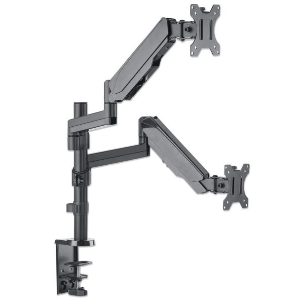 Zweites Bild vonManhattan Universal-Tischhalterung mit Gasdruckfeder für zwei Monitore, Zwei Halterungsarme mit Gasdruckfeder, Kugelgelenk und Verlängerungsarm, geeignet für zwei Monitore von 17" bis 32"* und bis zu 8 kg pro Arm, Klemme, 8 kg, 43,2 cm (17"), 81,3 cm (32"