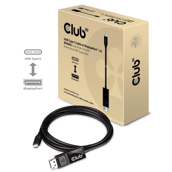 Zweites Bild vonClub 3D USB Type C Cable to DP 1.4 8K60Hz M/M 1.8m/5.9ft, USB C, Displayport 1.4, 1,8 m, Schwarz