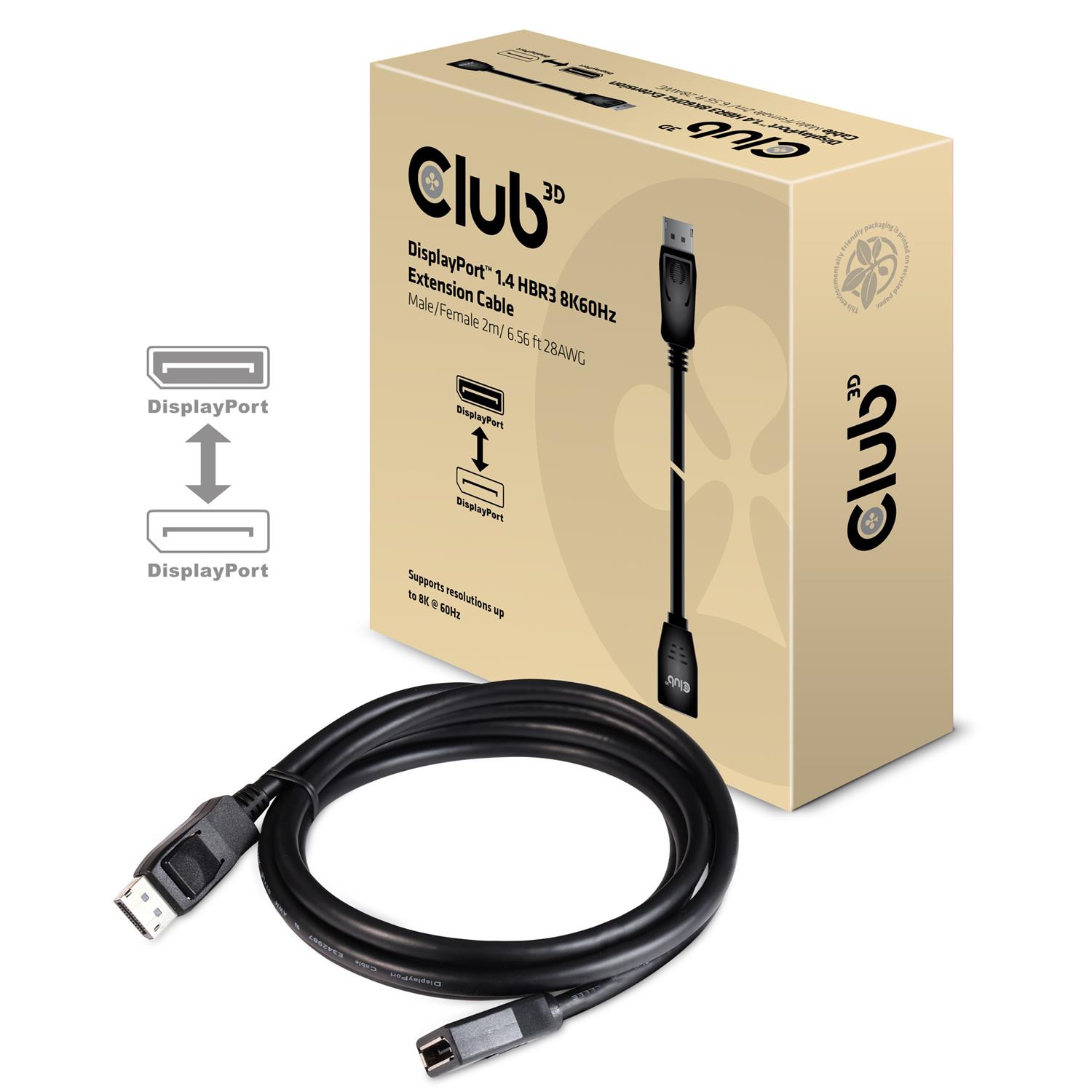 Zweites Bild vonClub 3D DisplayPort 1.4 HBR3-Verlängerungskabel 8K60Hz M/W 2m/6.56ft, 2 m, Displayport 1.4, Displayport 1.4, Männlich, Weiblich, 7680 x 4320 Pixel