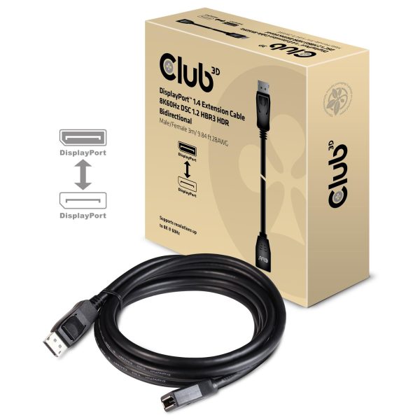 Club 3D DisplayPort 1.4 Extension Cable 8K60Hz DSC 1.2 HBR3 HDR Bidirectional M/F 3m/9.84ft, 3 m, DisplayPort, DisplayPort, Männlich, Weiblich, 7680 x 4320 Pixel