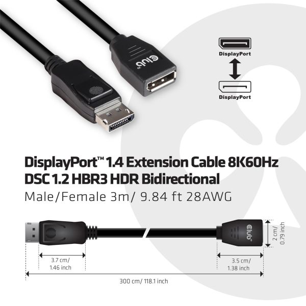 Zweites Bild vonClub 3D DisplayPort 1.4 Extension Cable 8K60Hz DSC 1.2 HBR3 HDR Bidirectional M/F 3m/9.84ft, 3 m, DisplayPort, DisplayPort, Männlich, Weiblich, 7680 x 4320 Pixel