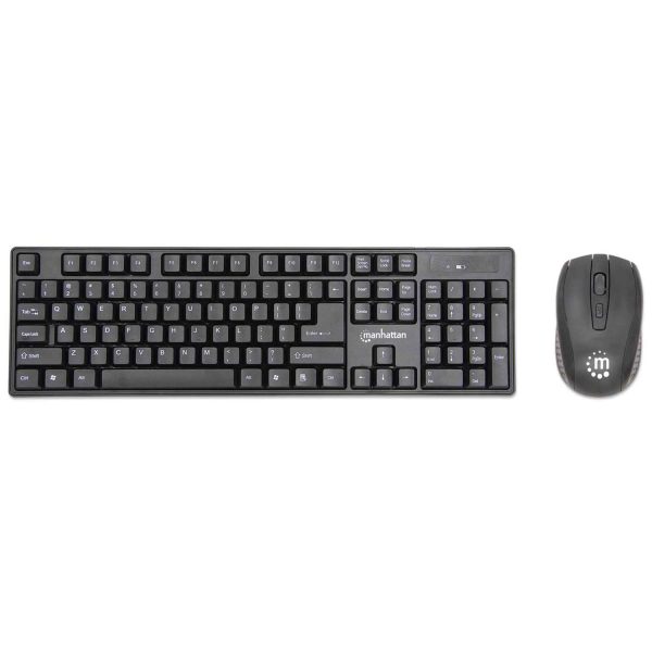 Manhattan Wireless Desktop Set mit Funktastatur und Funkmaus, Ein einzelner 2,4 GHz USB-Funkempfänger zur Verbindung von beiden Geräten, schwarz, Volle Größe (100%), Kabellos, RF Wireless, Schwarz, Maus enthalten