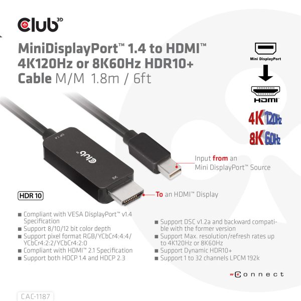 Zweites Bild vonClub 3D MiniDisplayPort 1.4 to HDMI 4K120Hz or 8K60Hz HDR10+ Cable M/M 1.8m / 6ft, 1,8 m, Mini DisplayPort, HDMI, Männlich, Männlich, Gerade