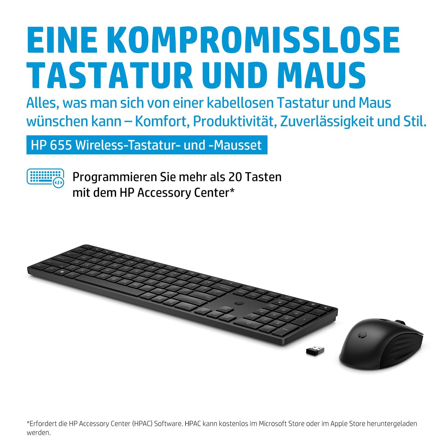 Zweites Bild vonHP 655 Wireless-Tastatur und -Maus, Volle Größe (100%), Kabellos, RF Wireless, Membran Key Switch, Schwarz, Maus enthalten