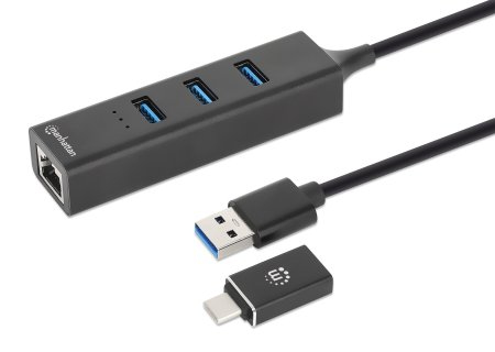 Manhattan 180894, USB 3.2 Gen 1 (3.1 Gen 1) Type-A + Type-C, RJ-45, USB 3.2 Gen 1 (3.1 Gen 1) Type-A, 5000 Mbit/s, Schwarz, Aluminium, Rundkabel
