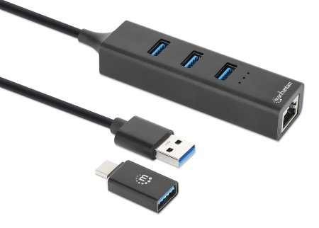 Zweites Bild vonManhattan 180894, USB 3.2 Gen 1 (3.1 Gen 1) Type-A + Type-C, RJ-45, USB 3.2 Gen 1 (3.1 Gen 1) Type-A, 5000 Mbit/s, Schwarz, Aluminium, Rundkabel