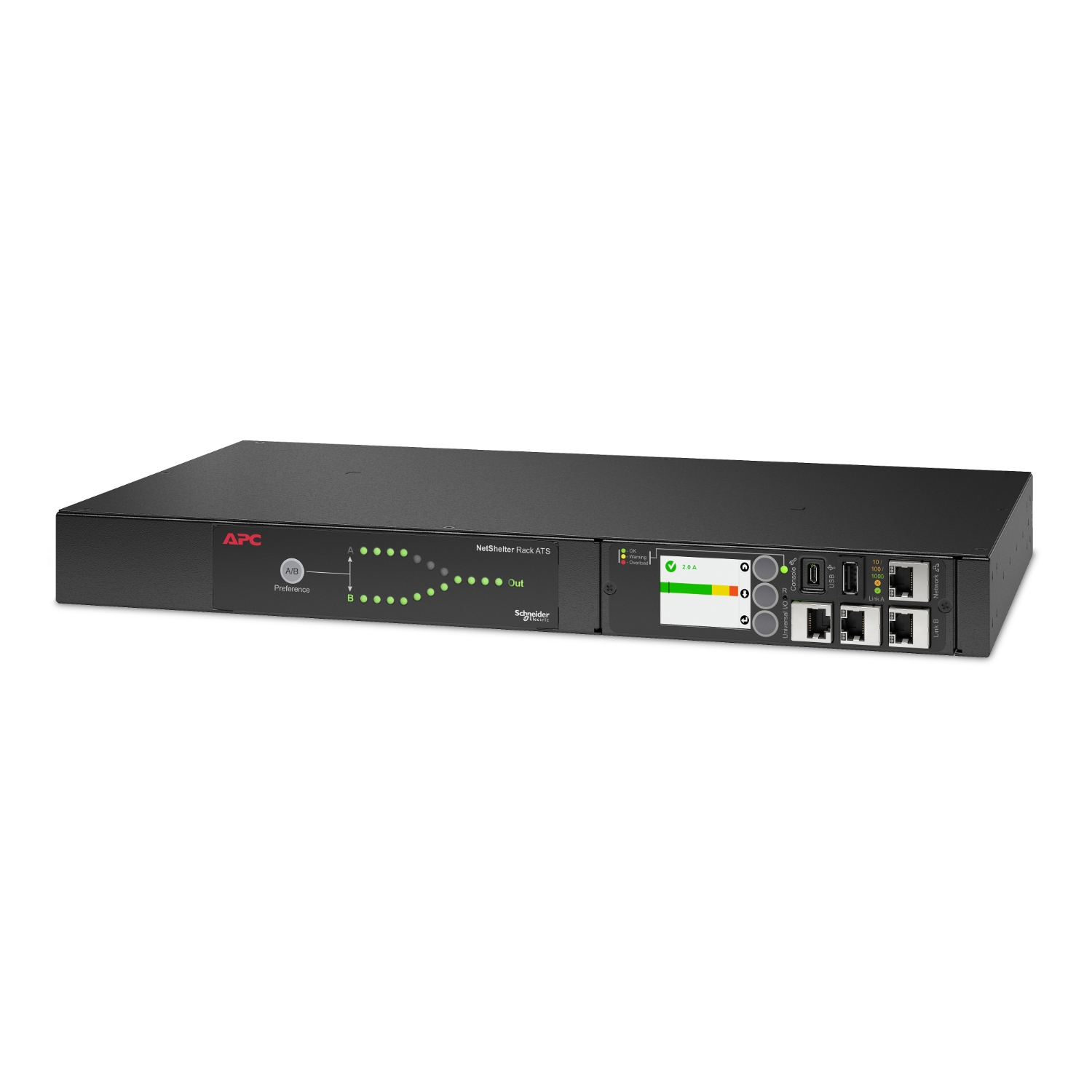 APC Netshelter Rack Automatic Transfer Switch, 1HE, 10A, 230V, C14 IN, 12 C13 OUT, 50/60Hz, Rackmount, 1U, LCD, 12 AC-Ausgänge, Schwarz