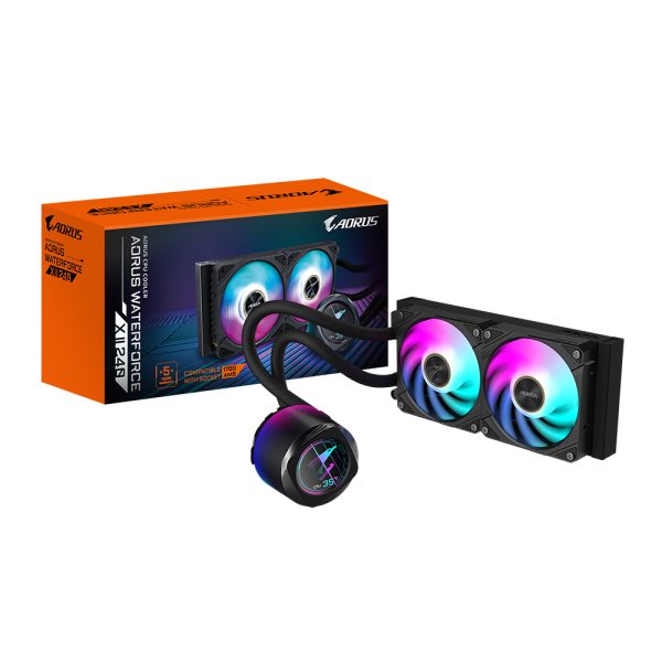 Gigabyte AORUS WATERFORCE X II 240 AIO Flüssigkeits-CPU-Kühler - 2x120mm ARGB-Lüfter, Vollfarb-LCD, DAISY-CHAIN, kompatibel mit Intel LGA 1851 und AMD AM5, All-in-One-Flüssigkeitskühler, 12 cm, Schwarz