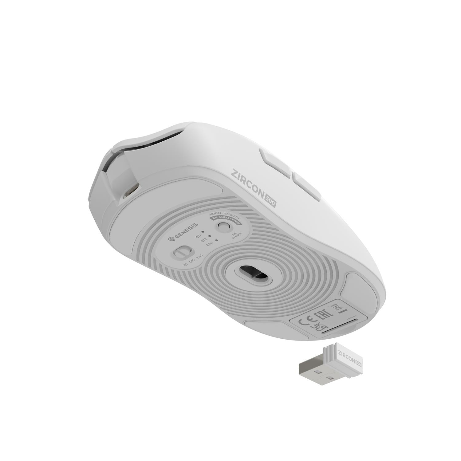 Zweites Bild vonnatec GENESIS Zircon 500, rechts, Optisch, RF Wireless + Bluetooth + USB Type-C, 10000 DPI, 4600 fps, Weiß