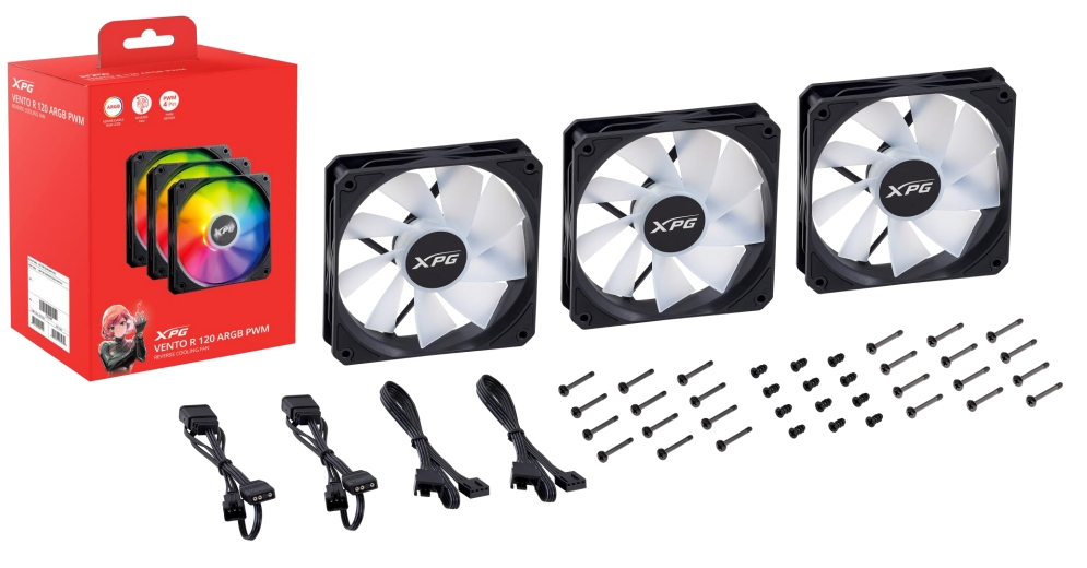XPG VENTO 120 ARGB PWM (3er-Packung) Schwarz, Ventilator, 12 cm, 300 RPM, 1650 RPM, 62,33 cfm, Schwarz