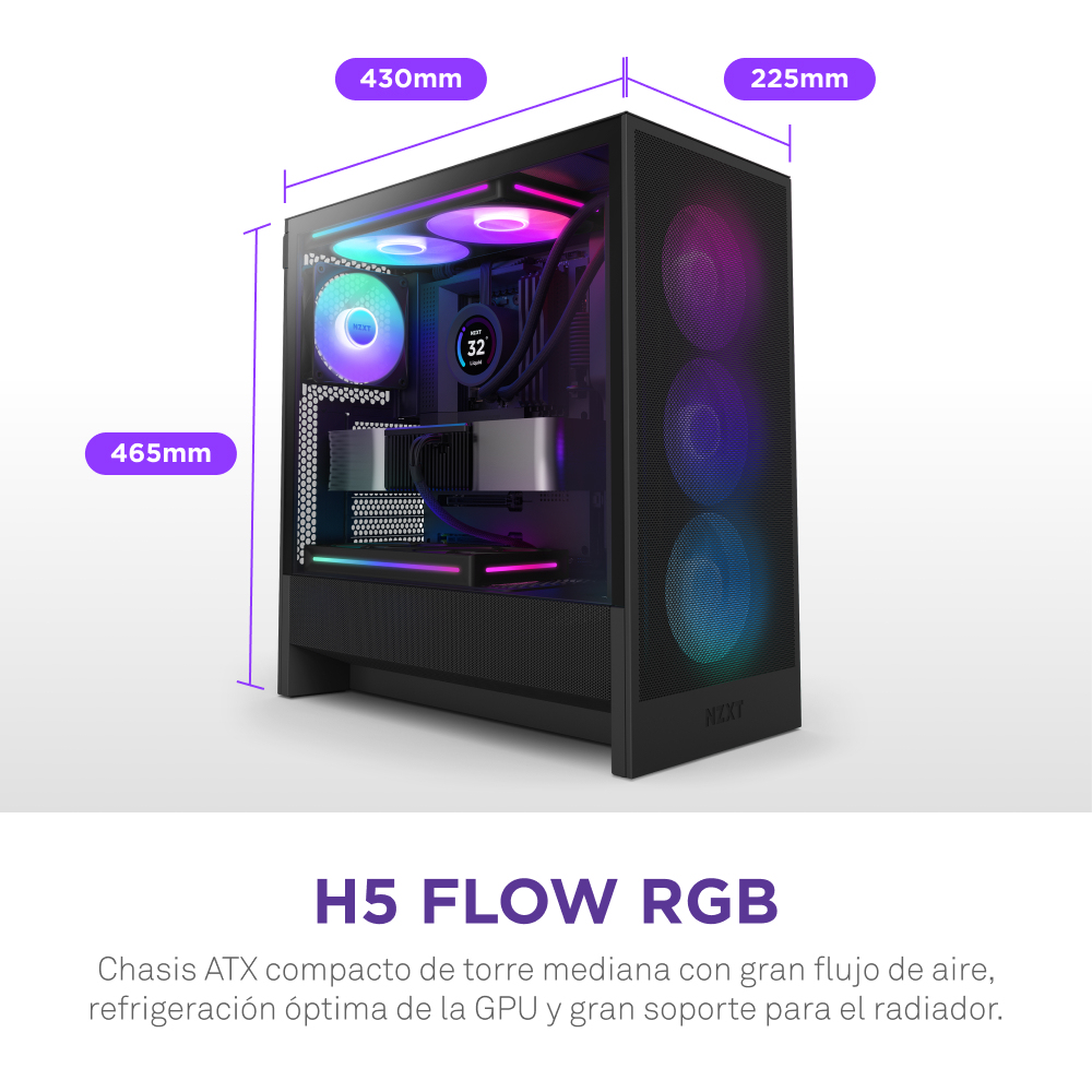 Zweites Bild vonNZXT H5 Flow RGB, Midi Tower, PC, Schwarz, ATX, EATX, micro ATX, Mini-ITX, SGCC, Gehärtetes Glas, Gaming