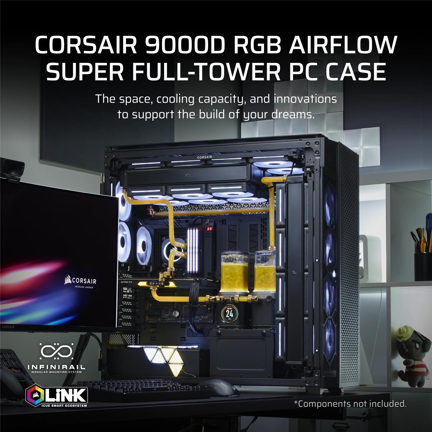 Zweites Bild vonCorsair 9000D RGB AIRFLOW, Full Tower, PC, Schwarz, ATX, Edelstahl, Gehärtetes Glas, 18 cm