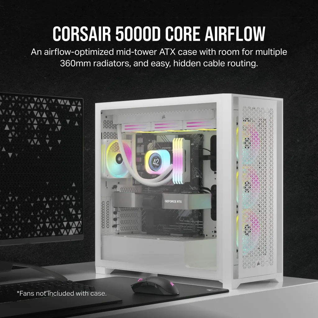 Zweites Bild vonCorsair 5000D CORE AIRFLOW, Midi Tower, PC, Weiß, ATX, EATX, micro ATX, Mini-ITX, Kunststoff, Stahl, Gehärtetes Glas, Gaming