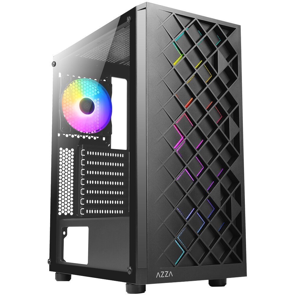 AZZA Spectra, Midi Tower, PC, Schwarz, ATX, ITX, micro ATX, Gummi, Stahl, Gehärtetes Glas, Blau, Grün, Rot