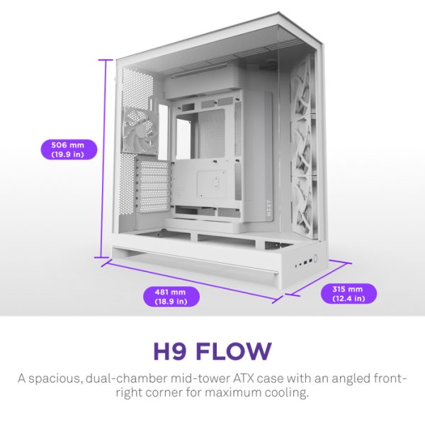 Zweites Bild vonNZXT H9 Flow, Midi Tower, PC, Weiß, ATX, EATX, micro ATX, Mini-ITX, Netz, SGCC, Gehärtetes Glas, Gaming