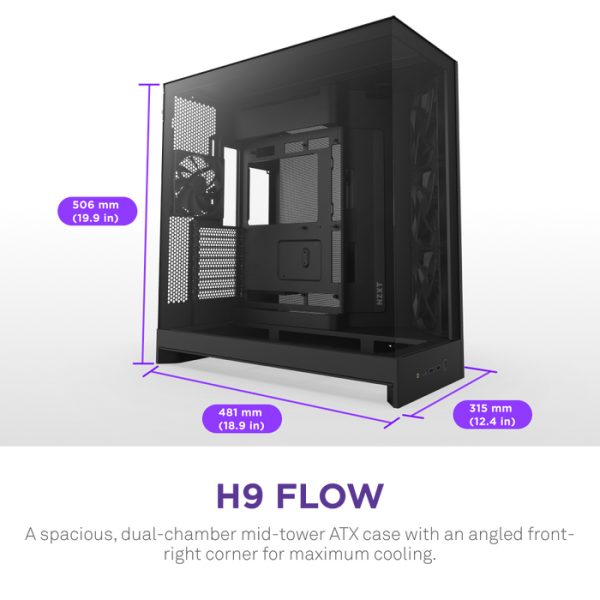 Zweites Bild vonNZXT H9 Flow, Midi Tower, PC, Schwarz, ATX, EATX, micro ATX, Mini-ITX, Netz, SGCC, Gehärtetes Glas, 16,5 cm