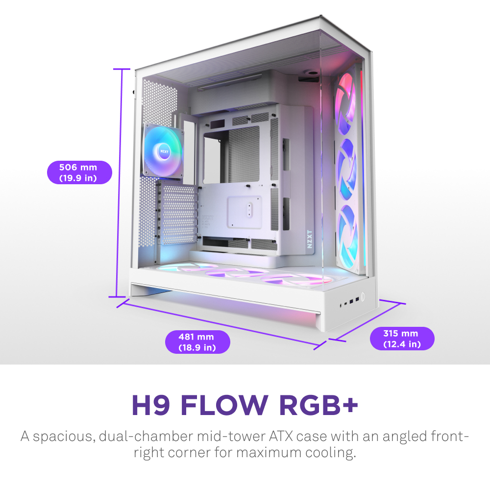 Zweites Bild vonNZXT H9 Flow RGB, Midi Tower, PC, Weiß, ATX, EATX, micro ATX, Mini-ITX, Netz, SGCC, Gehärtetes Glas, 16,5 cm