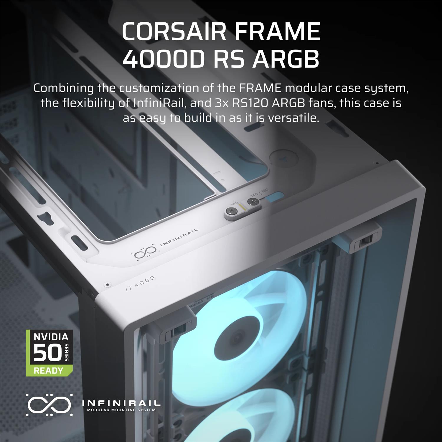 Zweites Bild vonCorsair FRAME 4000D RS ARGB, Midi Tower, PC, Weiß, ATX, EATX, micro ATX, Mini-ITX, Kunststoff, Stahl, Gehärtetes Glas, Gaming