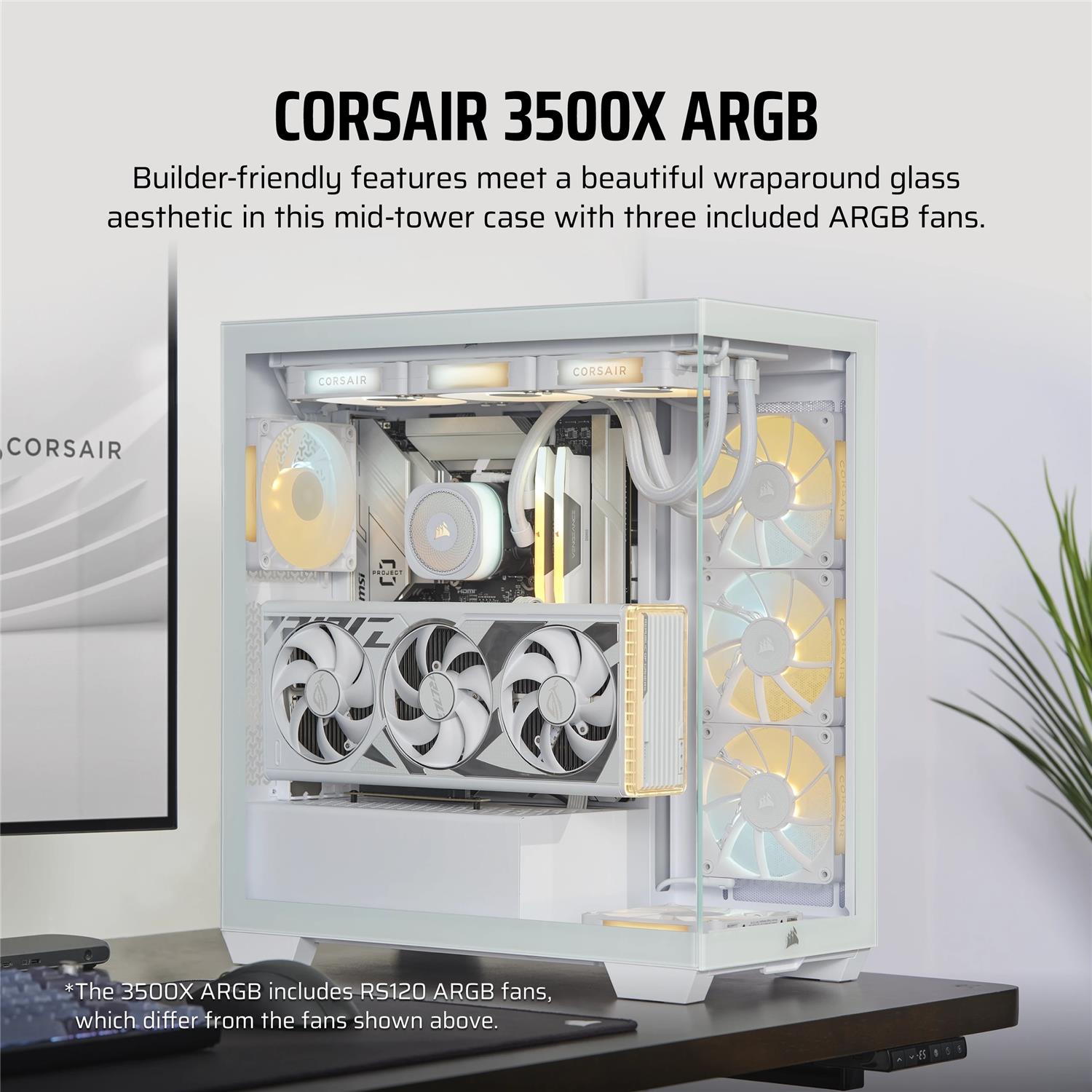 Zweites Bild vonCorsair 3500X ARGB, Midi Tower, PC, Weiß, EATX, Stahl, Gehärtetes Glas, Gaming