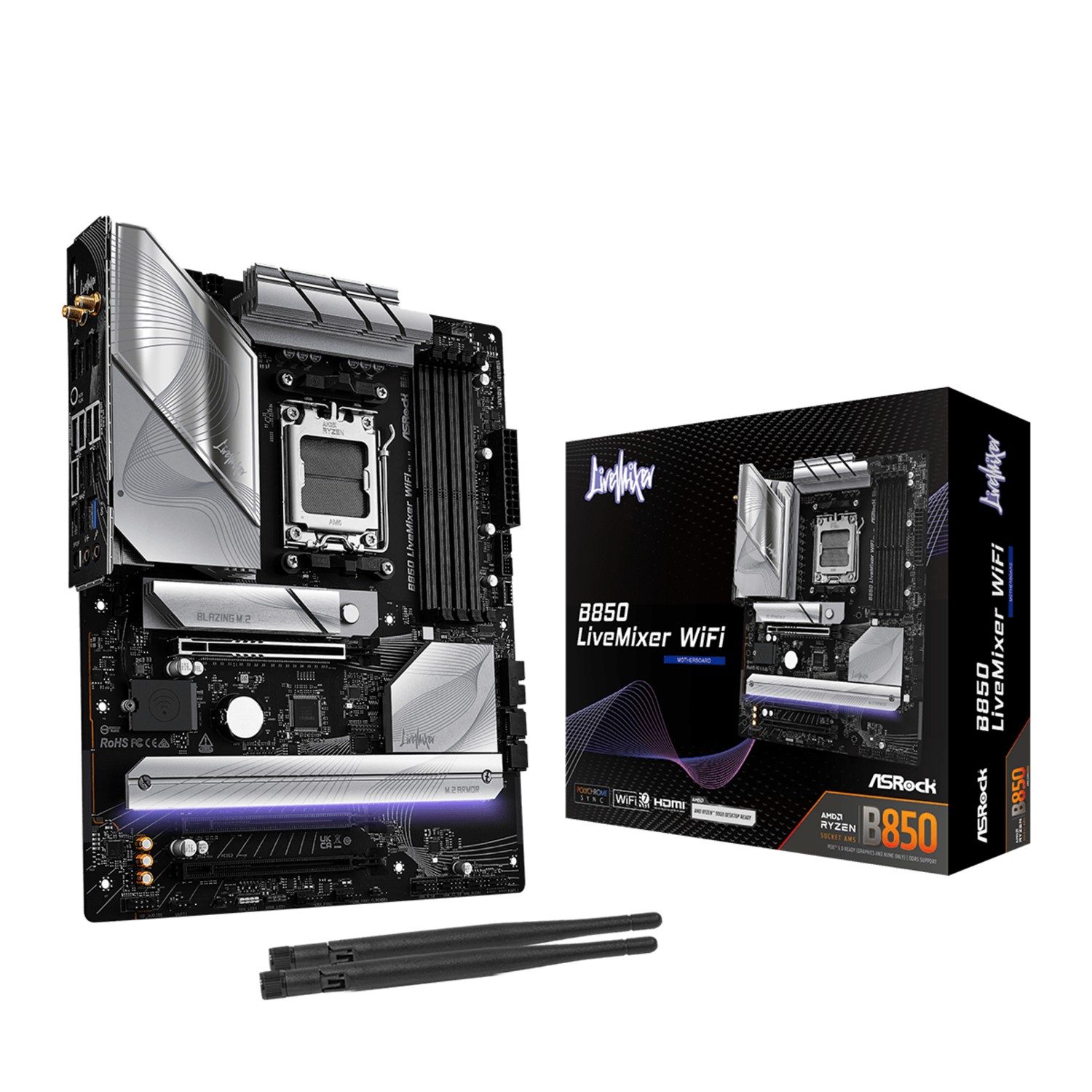 ASRock B850 LiveMixer WiFi, AMD, Sockel AM5, AMD Ryzen 7000 Series, AMD Ryzen 8000 Series, AMD Ryzen 9000 Series, Sockel AM5, DDR5-SDRAM, 256 GB