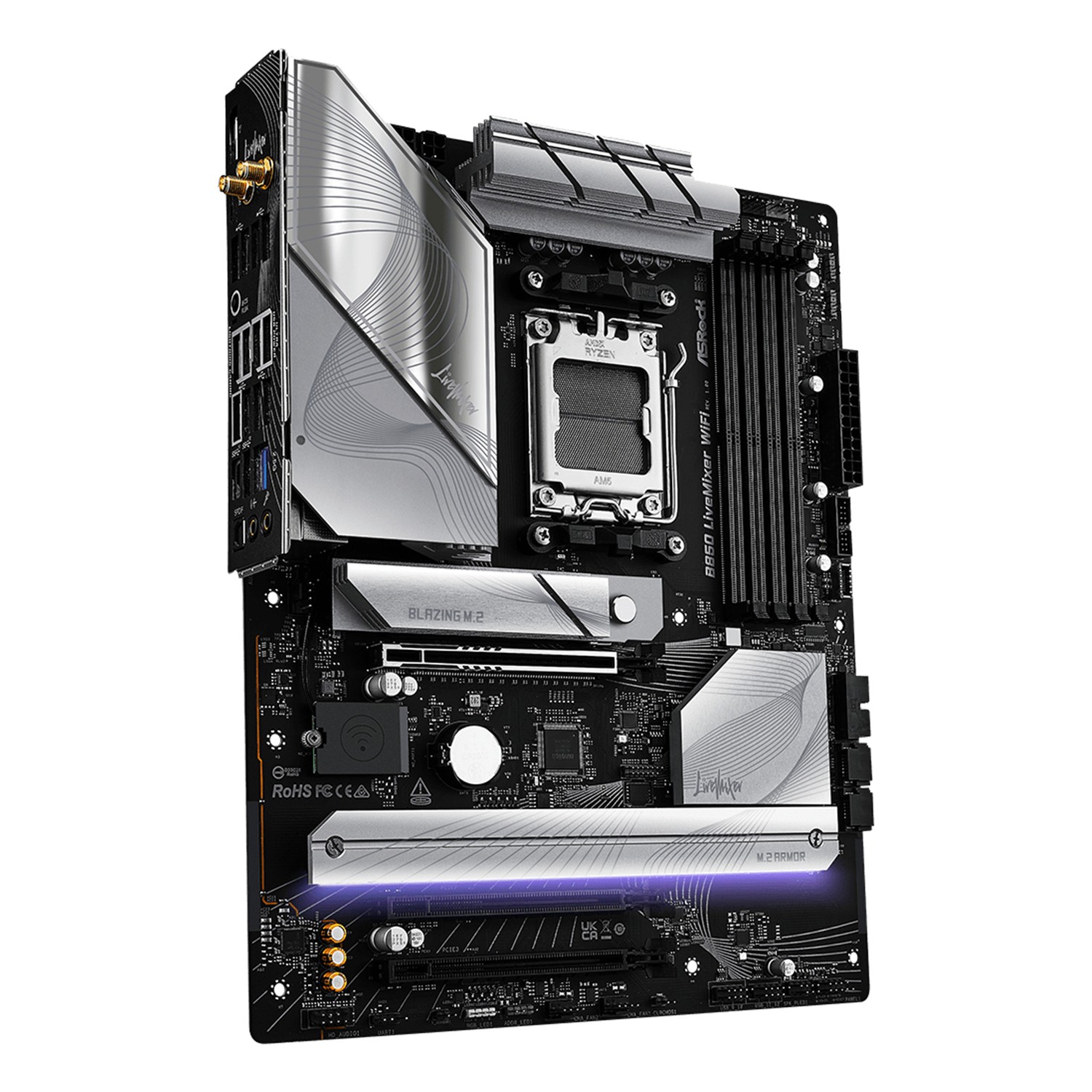 Zweites Bild vonASRock B850 LiveMixer WiFi, AMD, Sockel AM5, AMD Ryzen 7000 Series, AMD Ryzen 8000 Series, AMD Ryzen 9000 Series, Sockel AM5, DDR5-SDRAM, 256 GB