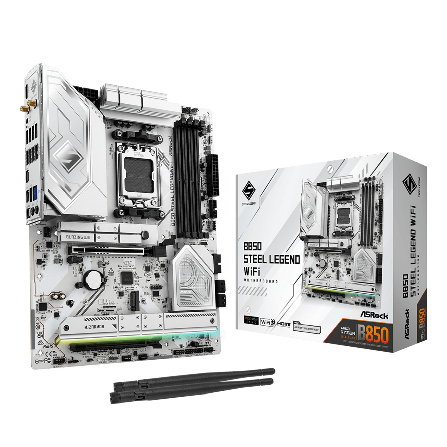 ASRock B850 Steel Legend WiFi, AMD, Sockel AM5, AMD Ryzen 7000 Series, AMD Ryzen 8000 Series, AMD Ryzen 9000 Series, Sockel AM5, DDR5-SDRAM, 256 GB
