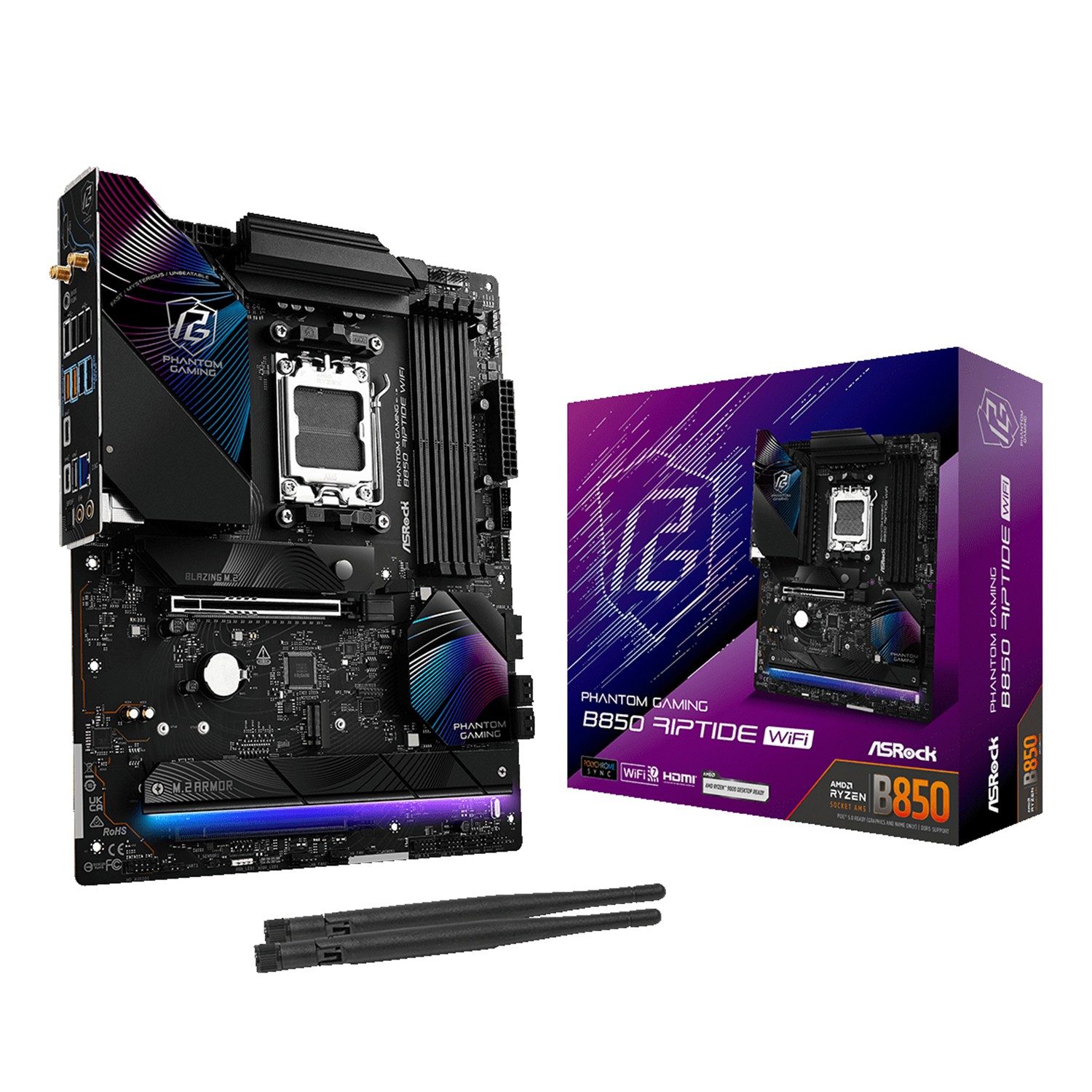 ASRock Phantom Gaming B850 Riptide WiFi, AMD, Sockel AM5, AMD Ryzen 7000 Series, AMD Ryzen 8000 Series, AMD Ryzen 9000 Series, Sockel AM5, DDR5-SDRAM, 256 GB