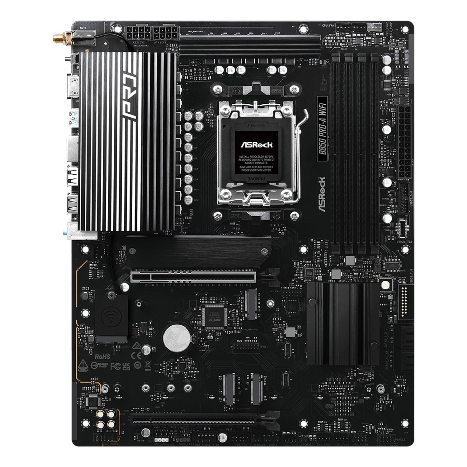 Zweites Bild vonASRock B850 Pro-A WiFi, AMD, Sockel AM5, AMD Ryzen 7000 Series, AMD Ryzen 8000 Series, AMD Ryzen 9000 Series, Sockel AM5, DDR5-SDRAM, 256 GB