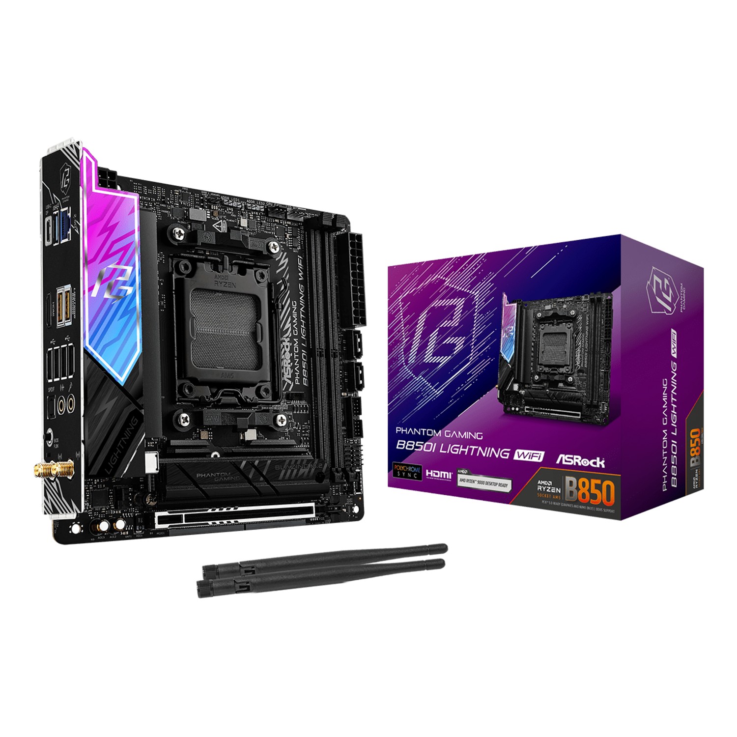 ASRock Phantom Gaming B850I Lightning WiFi, AMD, Sockel AM5, AMD Ryzen 7000 Series, AMD Ryzen 8000 Series, AMD Ryzen 9000 Series, Sockel AM5, DDR5-SDRAM, 128 GB