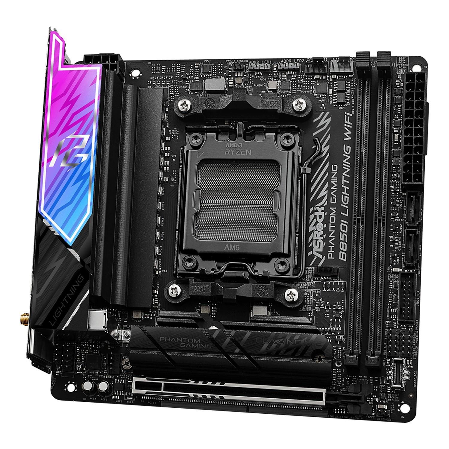 Zweites Bild vonASRock Phantom Gaming B850I Lightning WiFi, AMD, Sockel AM5, AMD Ryzen 7000 Series, AMD Ryzen 8000 Series, AMD Ryzen 9000 Series, Sockel AM5, DDR5-SDRAM, 128 GB