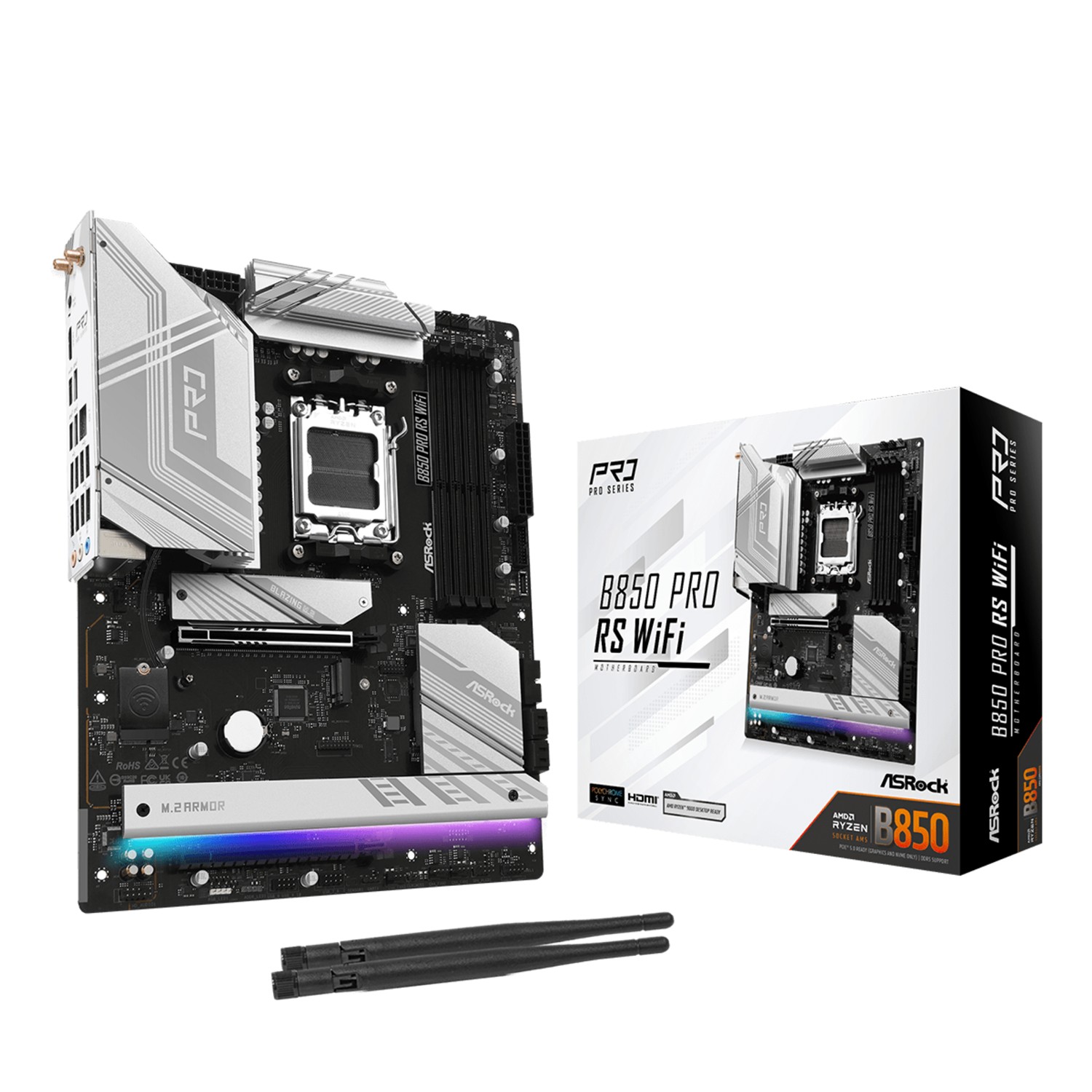 ASRock B850 Pro RS WiFi, AMD, Sockel AM5, AMD Ryzen 7000 Series, AMD Ryzen 8000 Series, AMD Ryzen 9000 Series, DDR5-SDRAM, 256 GB, DIMM
