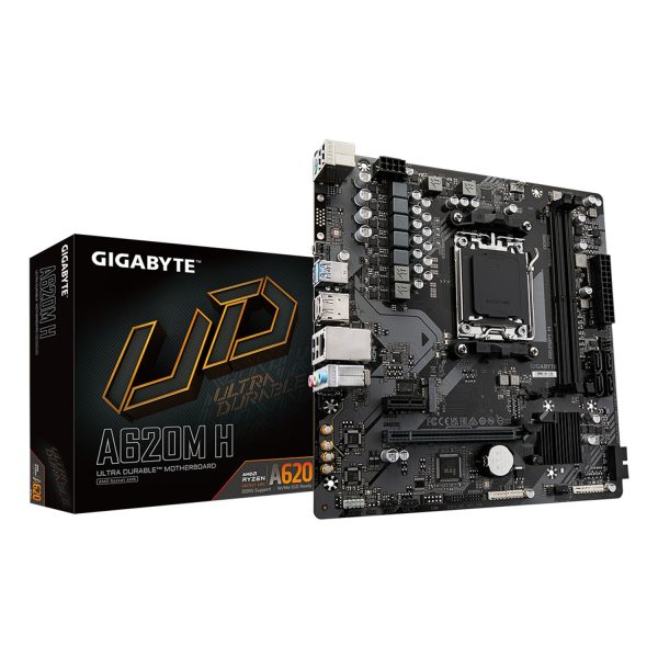 Gigabyte A620M H Motherboard - Unterstützt AMD Ryzen 8000 CPUs, 5+2+2 Phasen Digital VRM, bis zu 7200MHz DDR5 (OC), 1xPCIe 4.0 M.2, GbE LAN, USB 3.2 Gen 1, AMD, Sockel AM5, AMD Ryzen 7000 Series, Sockel AM5, 96 GB, DDR5-SDRAM