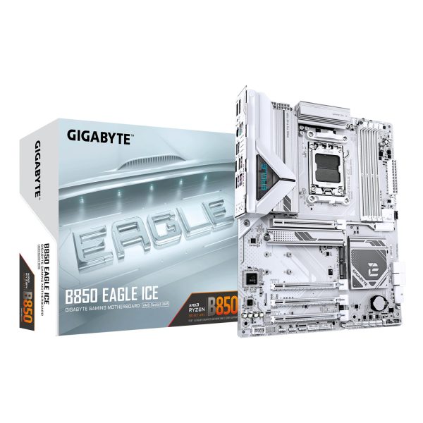 Gigabyte B850 EAGLE ICE Mainboard – AMD Ryzen 9000 Serien-Prozessoren, 8+2+2 Phasen Digital-VRM, bis zu 8200 MHz DDR5 (O.C), 1 x PCIe 5.0 M.2 + 2 x PCIe 4.0 M.2, 2.5 GbE LAN, USB 3.2 Gen 2, AMD, Sockel AM5, AMD Ryzen 7000 Series, AMD Ryzen 8000 Series, AM