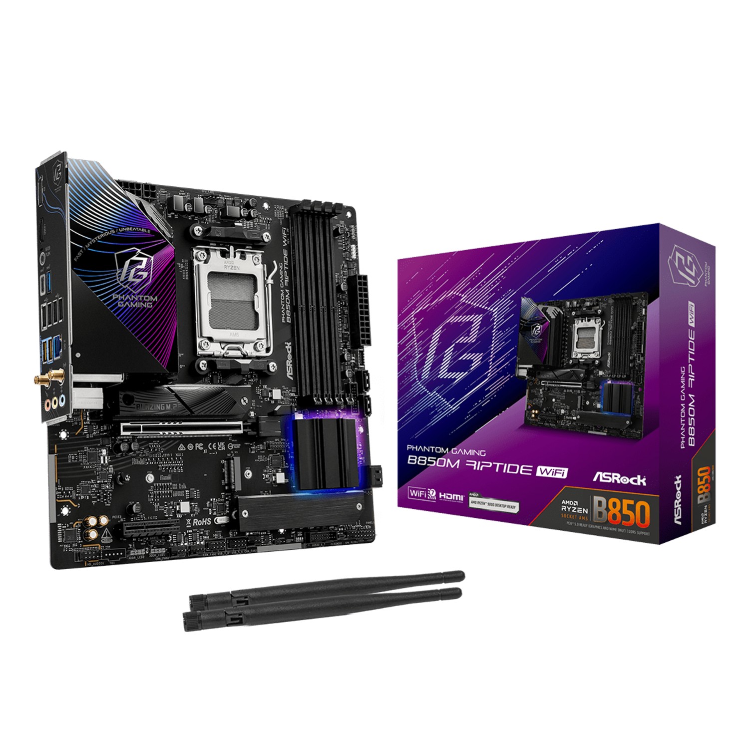 ASRock Phantom Gaming B850M Riptide WiFi, AMD, Sockel AM5, AMD Ryzen 7000 Series, AMD Ryzen 8000 Series, AMD Ryzen 9000 Series, Sockel AM5, DDR5-SDRAM, 256 GB