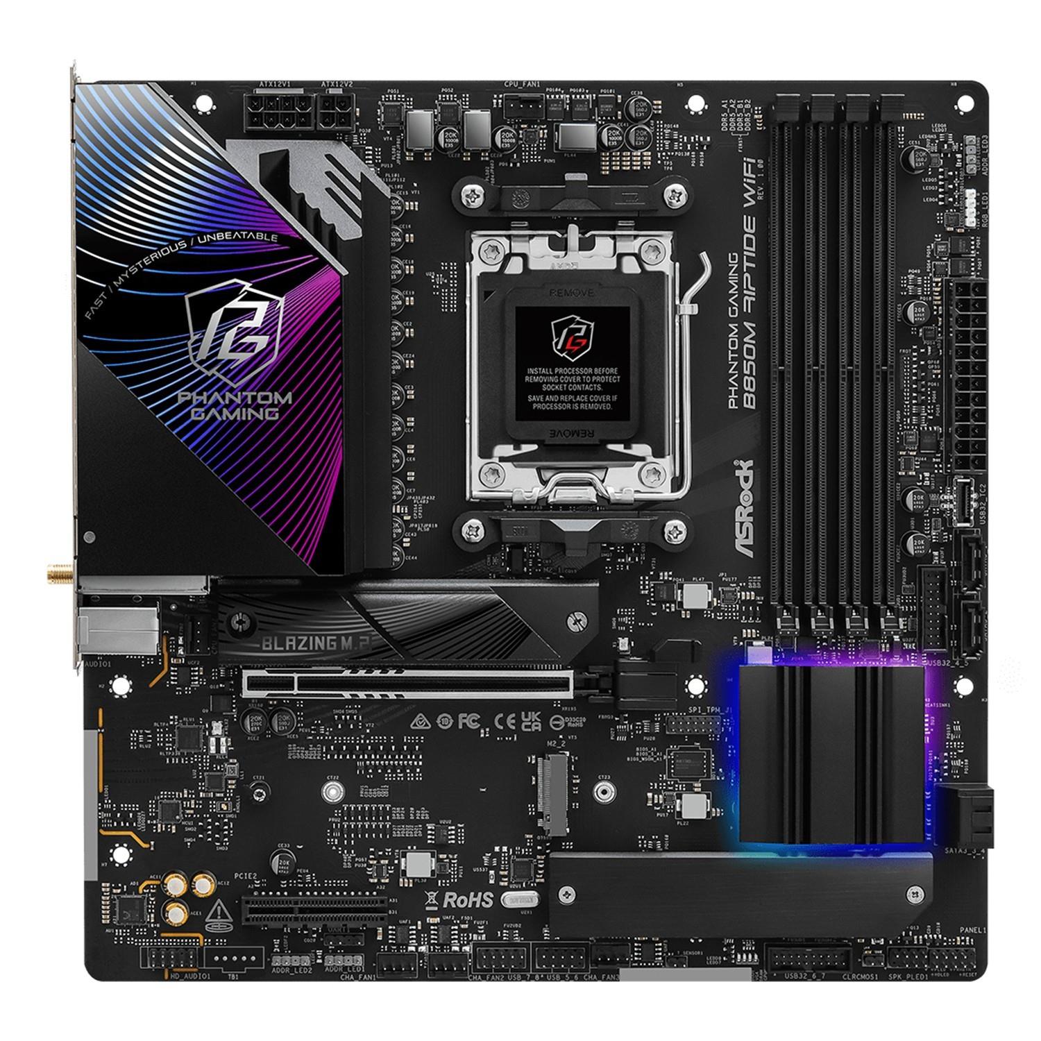Zweites Bild vonASRock Phantom Gaming B850M Riptide WiFi, AMD, Sockel AM5, AMD Ryzen 7000 Series, AMD Ryzen 8000 Series, AMD Ryzen 9000 Series, Sockel AM5, DDR5-SDRAM, 256 GB