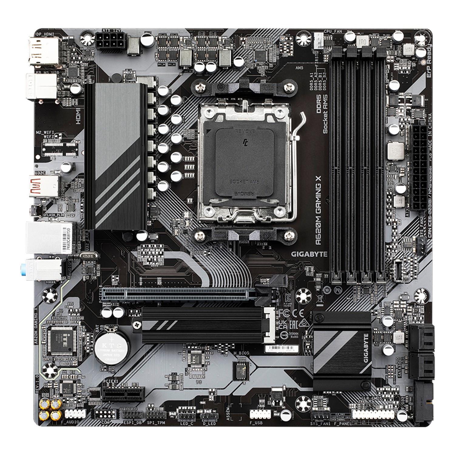 Zweites Bild vonGigabyte A620M GAMING X Motherboard - Unterstützt AMD Ryzen 8000 CPUs, 8+2+1 Phasen Digital VRM, bis zu 8000MHz DDR5 (OC), 1xPCIe 4.0 M.2, GbE LAN, USB 3.2 Gen 2, AMD, Sockel AM5, AMD Ryzen 7000 Series, Sockel AM5, 192 GB, DDR5-SDRAM