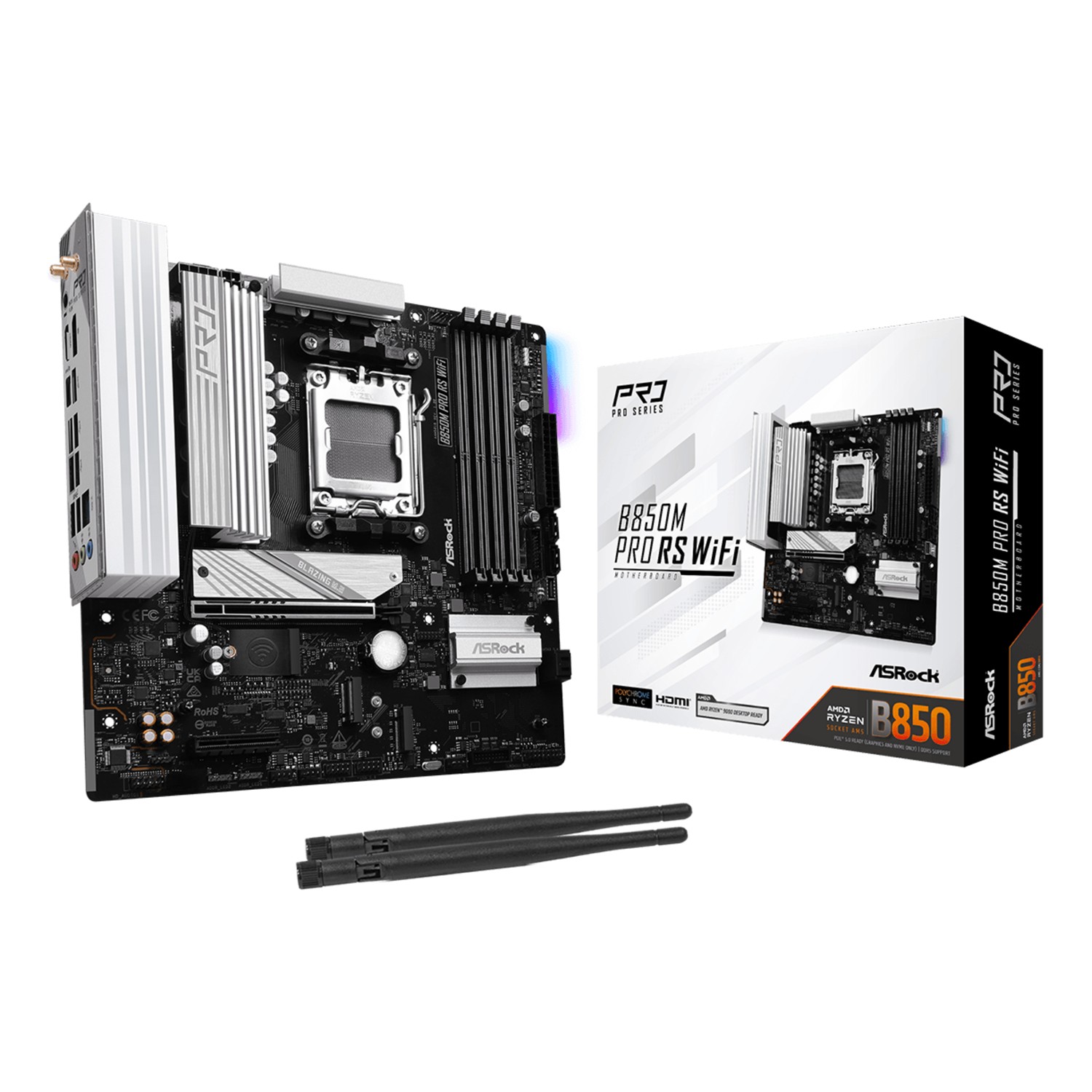 ASRock B850M Pro RS WiFi, AMD, Sockel AM5, AMD Ryzen 7000 Series, AMD Ryzen 8000 Series, AMD Ryzen 9000 Series, Sockel AM5, DDR5-SDRAM, 256 GB