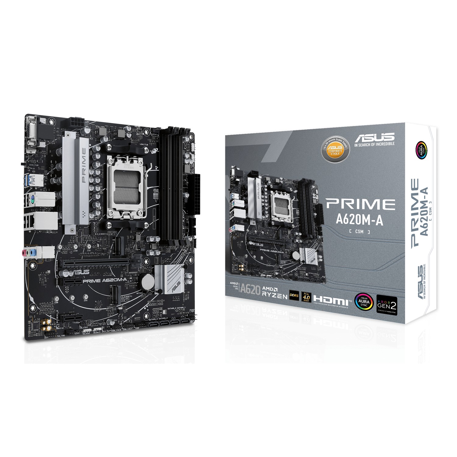 ASUS PRIME A620M-A-CSM, AMD, Sockel AM5, AMD Ryzen 7000 Series, Sockel AM5, DDR5-SDRAM, 128 GB