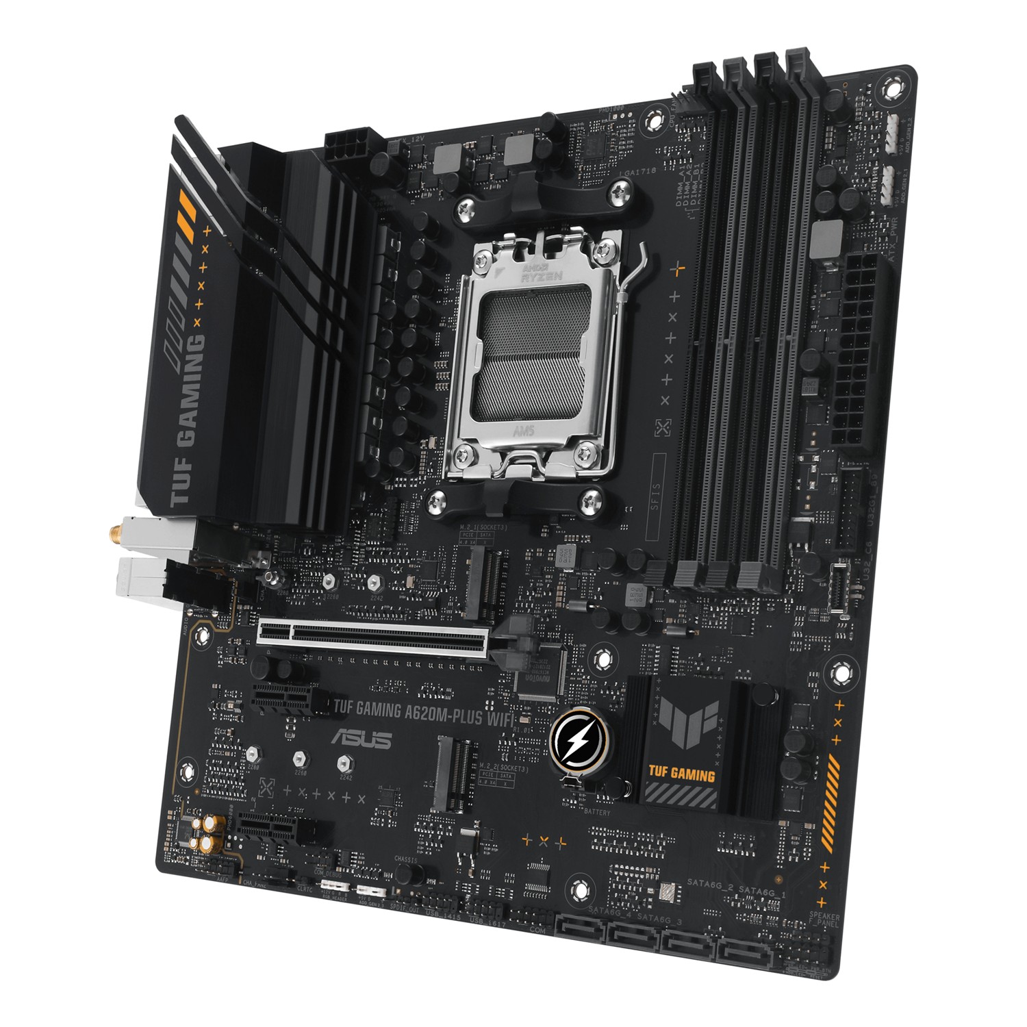 Zweites Bild vonASUS TUF GAMING A620M-PLUS WIFI, AMD, Sockel AM5, AMD Ryzen 7000 Series, DDR5-SDRAM, 128 GB, Zweikanalig