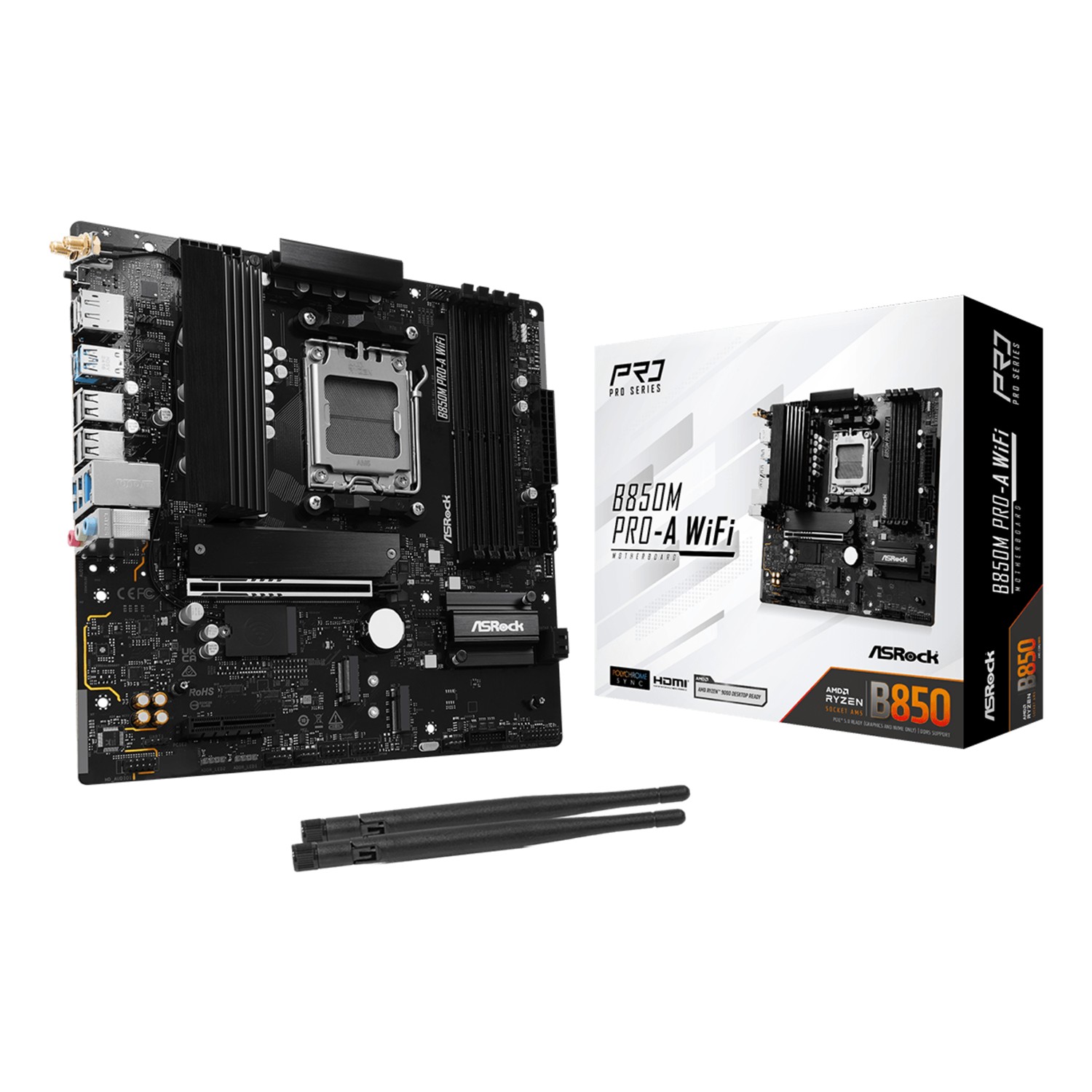 ASRock B850M Pro-A WiFi, AMD, Sockel AM5, AMD Ryzen 7000 Series, AMD Ryzen 8000 Series, AMD Ryzen 9000 Series, Sockel AM5, DDR5-SDRAM, 256 GB