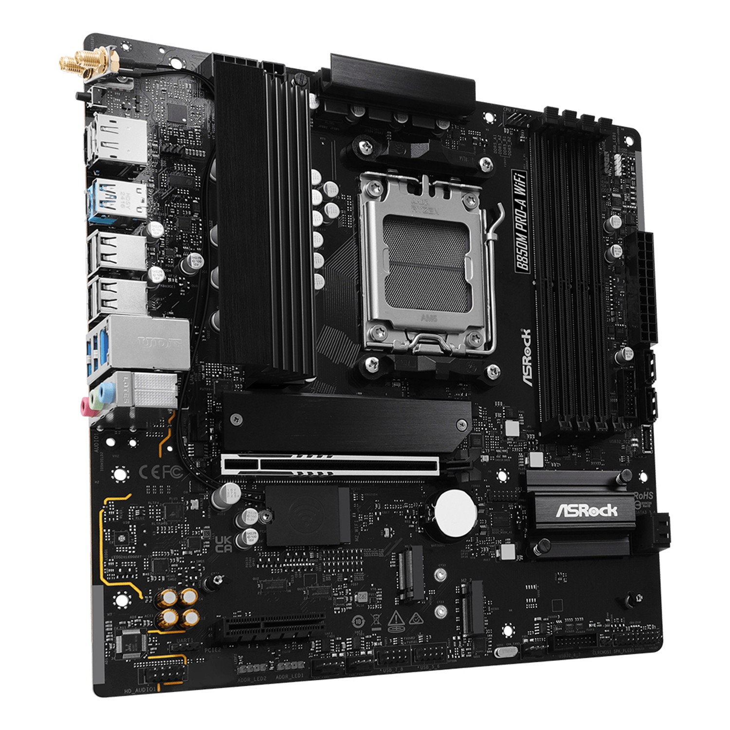 Zweites Bild vonASRock B850M Pro-A WiFi, AMD, Sockel AM5, AMD Ryzen 7000 Series, AMD Ryzen 8000 Series, AMD Ryzen 9000 Series, Sockel AM5, DDR5-SDRAM, 256 GB