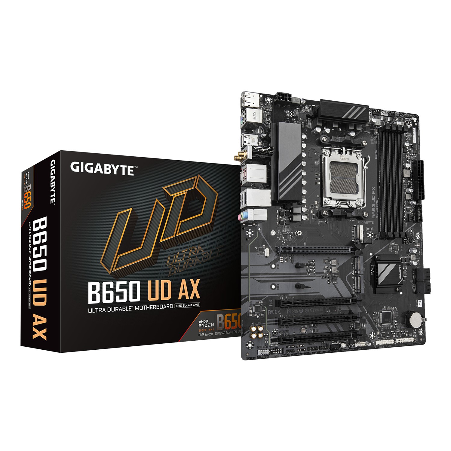 Gigabyte B650 UD AX Motherboard - Unterstützt AMD Ryzen 9000 Serie CPUs, 6+2+2 Phasen VRM, bis zu 7600MHz DDR5 (OC), 1x PCIe 5.0 + 2x PCIe 4.0 M.2, GbE LAN, Wi-Fi 6, USB 3.2 Gen 2, AMD, Sockel AM5, AMD Ryzen 7000 Series, AMD Ryzen 8000 Series, AMD Ryzen 9