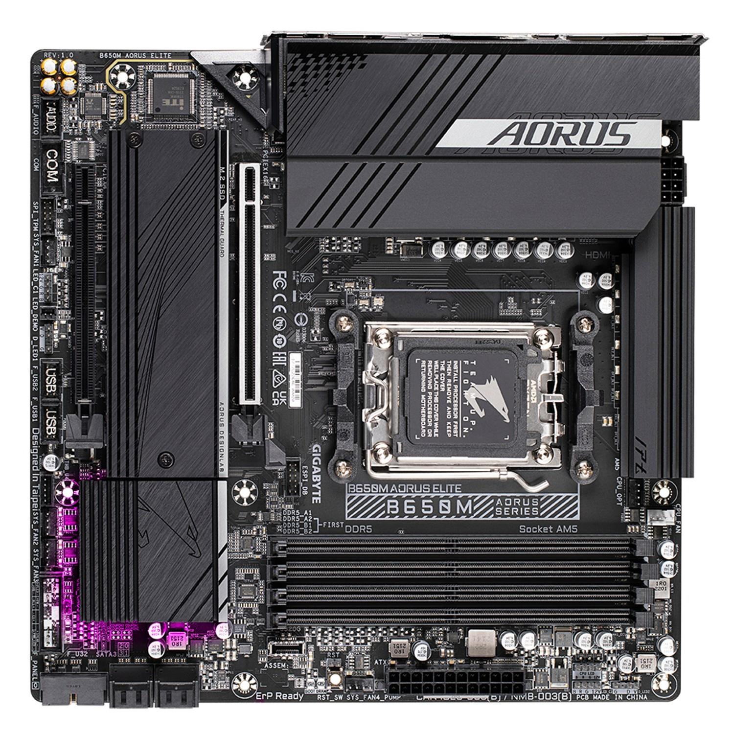 Zweites Bild vonGigabyte B650M AORUS ELITE Mainboard – Unterstützt AMD Ryzen 9000 CPUs, 12+2+2 Phasen VRM, bis zu 8000 MHz DDR5, 1xPCIe 5.0 + 1xPCIe 4.0 M.2, 2.5GbE LAN, USB 3.2 Gen 2x2, AMD, Sockel AM5, AMD Ryzen 7000 Series, AMD Ryzen 8000 Series, AMD Ryzen 9000 Series